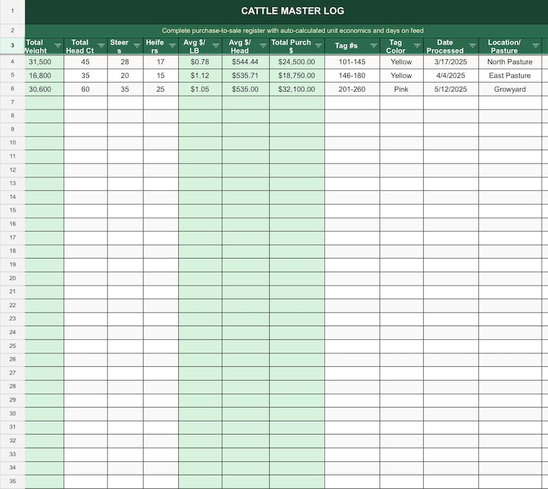 Cow Code In Excel Cattle Ranch Master Tracker | Excel + Google Sheets | Cow Calf Stocker ...