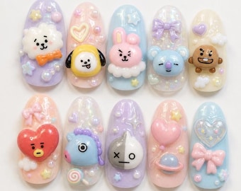 Pastell Kawaii BT21 Drücken Sie auf die Nägel 3D Süß Kpop Charakter Gefälschte Nägel Frühling Fairycore Benutzerdefinierte Wiederverwendbare Kleber auf den Nägeln