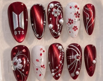 BTS Red Nail Art, ARMY, 3D Flower Design, Pearls, Kpop Fan Nails, Elegant Nails, Concert Inspired Nails