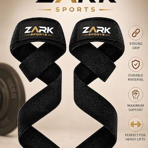 May include: A pair of black Zark Sports lifting straps featuring a woven texture and a rectangular patch with the Zark Sports logo. The image includes text icons for strong grip, durable material, maximum support, and heavy lifts.