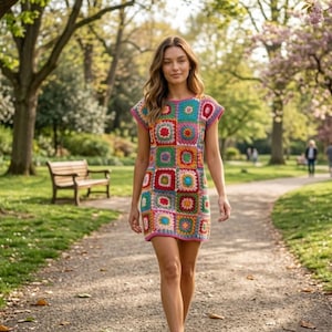 May include: A short-sleeved dress constructed from a grid of multicolored crochet granny squares. The garment features a vibrant palette including shades of pink, blue, yellow, green, and orange, with a round neckline and a straight hemline.