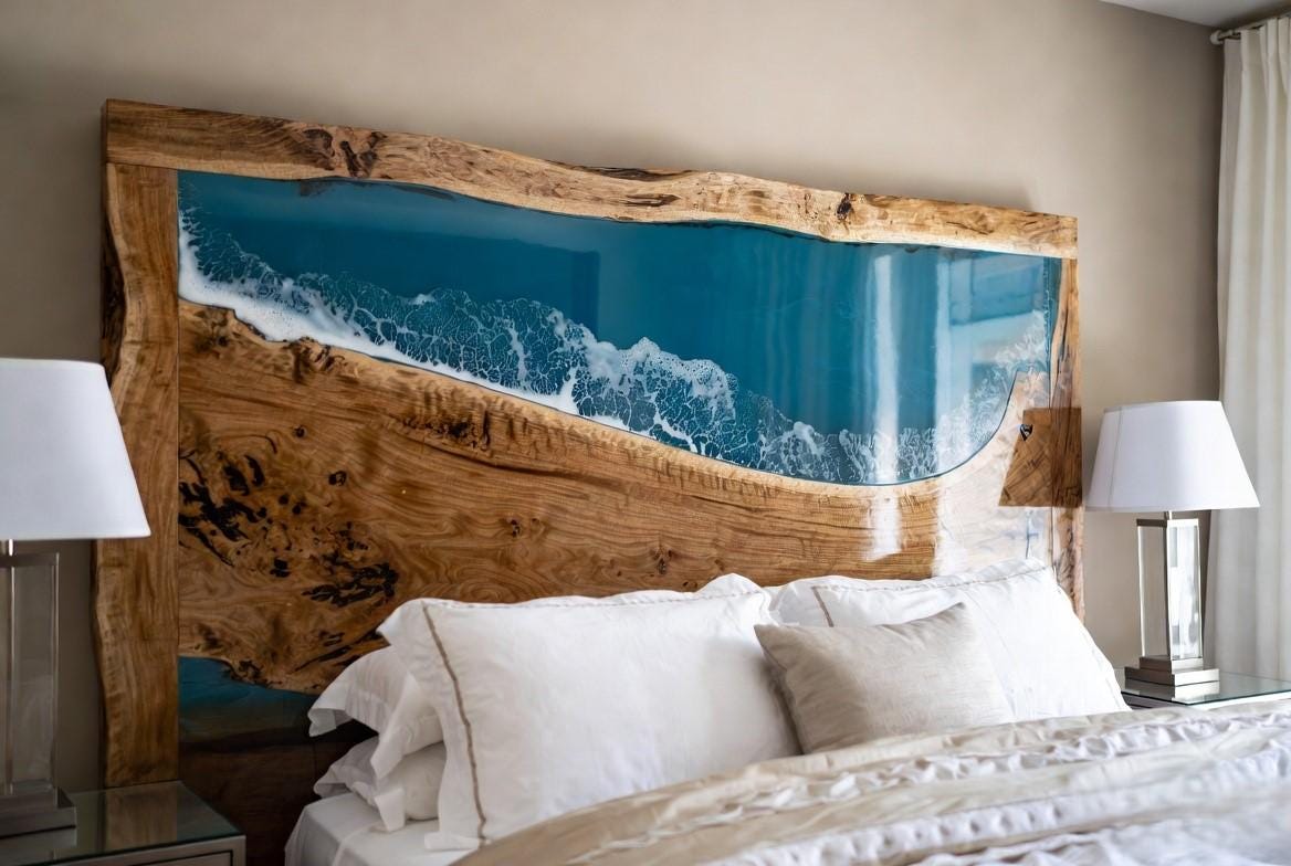 Live Edge Ocean Epoxy Headboard, Blue Resin Wood Bed Panel, Handmade Wave Headboard, Coastal Bedroom Wall Decor