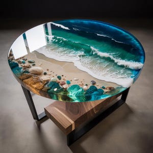 Op de afbeelding: Een ronde salontafel met een harslaag die een strandscène met golven, zand en rotsen uitbeeldt. De tafel heeft een houten onderstel en zwarte metalen poten. De tafel heeft een diameter van ongeveer 91 cm.