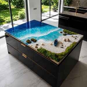 Bancada de epóxi 3D com tema de praia, tampo de ilha de cozinha com cena oceânica, placa artística de resina com conchas, bancada costeira personalizada.