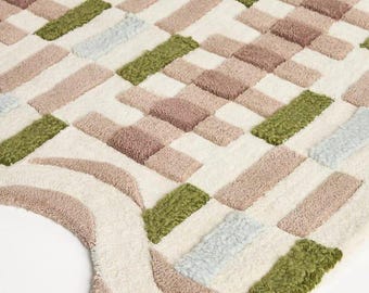 Tapis en laine ondulée fait main, tapis géométrique à damier festonné