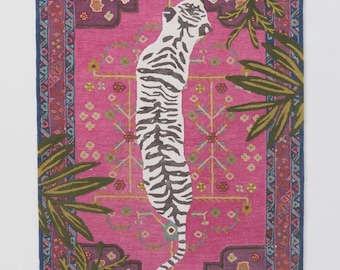 Pink Tiger Wool Rug, Persian Inspired Boho Maximalist Area Carpet