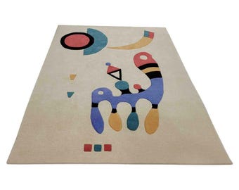 Tapis abstrait en laine fait main, tapis géométrique d'art moderne, tapis de salon design coloré