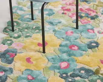 Tapis en laine fait main à motifs floraux, style cottagecore, tapis pour jardin botanique