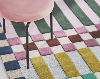 Tapis géométrique en laine fait main, rayures abstraites colorées à damier, décoration rétro-moderne