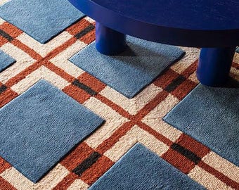 Handmade Wool Geometric Rug, Blue Square Grid Pattern, Mid-Century Modern Area Rug