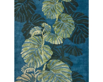 Tapis tropical en laine fait main, motif Monstera, inspiration nature pour le salon