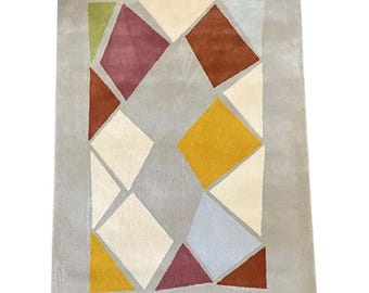 Tapis géométrique en laine fait main, tapis moderne abstrait à blocs de couleur, style milieu du siècle pour salon