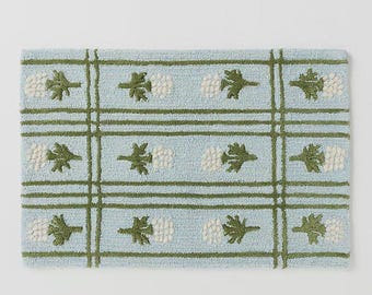 Tapis ananas en laine fait main, chemin de table tropical à motifs botaniques, décoration intérieure bleu ciel style bord de mer