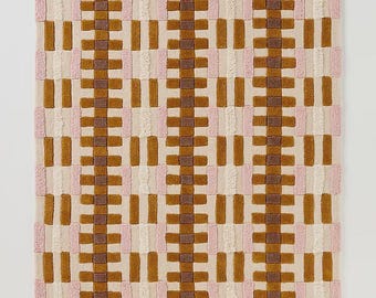 Tapis géométrique ondulé en laine fait main, tapis à damier festonné, rose moutarde taupe ivoire