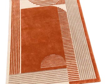 Tapis en laine géométrique terracotta fait main, style milieu du siècle, motif abstrait minimaliste en forme d'arche.