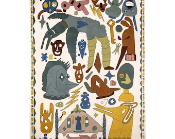 Tapis abstrait en laine fait main, tapis design moderne et artistique, élément de décoration coloré et original.