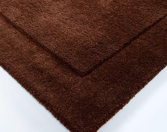 Hand-Tufted Rust Brown Wool Rug, Minimalist Bordered Carpet, Modern Luxury Home