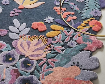 Handmade Floral Wool Rug, Colorful Botanical Tufted Area Rug, Maximalist Boho Decor