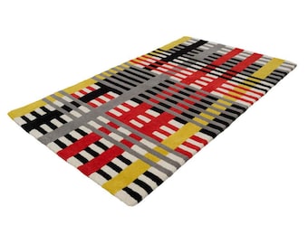 Tapis géométrique en laine fait main, tapis à carreaux moderne du milieu du siècle, tapis design color block pour salon