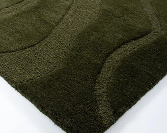 Olive Green Tufted Wool Rug, Sculpted Organic Modern Carpet, LoopsLoom Artisan Home