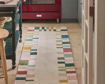 Tapis en laine géométrique pastel fait main, tapis moderne à blocs de couleur