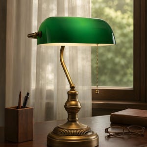 May include: A banker's lamp featuring a polished emerald green glass shade and a curved brass base with a decorative pedestal. The lamp includes a gold-toned pull chain switch hanging from the shade, providing a classic look for a desk or workspace.