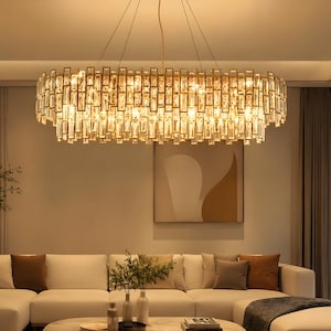 May include: An oval-shaped chandelier featuring a gold-toned metal frame adorned with numerous vertical, rectangular clear glass prisms. The fixture is suspended by thin wires and emits a warm, glowing light from within the glass structure.