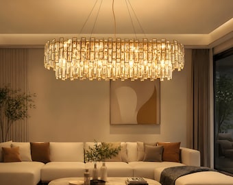 Lampadario lineare in cristallo, lampadario ovale moderno color oro, illuminazione di lusso per sala da pranzo, grande lampadario a sospensione per scale