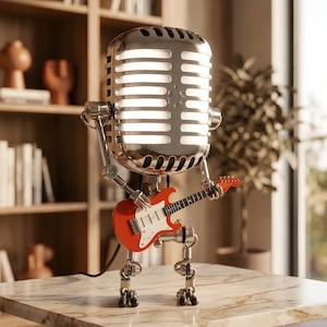 Puede incluir: Una figura decorativa con forma de micrófono plateado vintage con interior brillante, que cuenta con brazos y piernas de metal articulados. La figura sostiene una pequeña guitarra eléctrica de color naranja brillante con golpeador blanco.