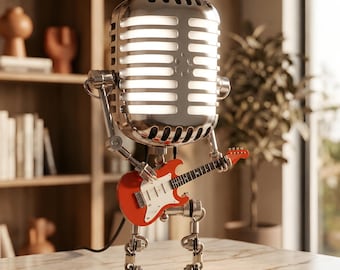 Robot Guitar Lamp, Microphone Night Light, Retro Desk Decor, Unique Musician Gift, Rock Music Home Decor, Personalized Guitar Gift