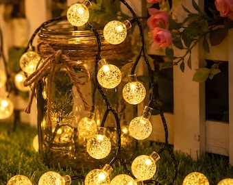 Solar Crystal Ball String Lights Outdoor - Waterproof Fairy Lights Solar Powered - Garden Patio Wedding Decor - 8 Modes Warm White LED