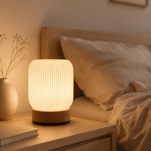 Japandi Cordless Bedside Lamp, Dimmable Touch Night Light, Rechargeable Type-C Wood Base Table Lamp, Warm Ambient Light, Small Nightstand