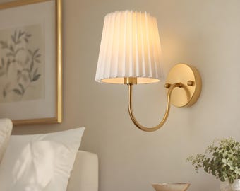 Pleated Fabric Wall Sconce, Modern Brass Bedside Light, Farmhouse Bedroom Wall Lamp, Elegant Plug-In Sconce, Warm Glow Living Room Lighting