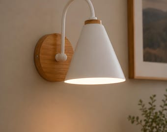 Modern Wall Sconce, Iron and Solid Wood Wall Light, Cone Shade Wall Lamp, Nordic Style Sconce, Scandinavian Bedside Light, E27 Wall Lamp