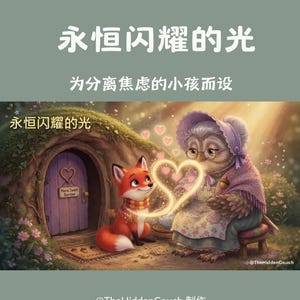 May include: A digital illustration featuring a fox wearing a red and yellow scarf and an owl wearing glasses and a bonnet. A glowing heart shape connects them. The scene includes a burrow entrance with a sign reading "Hane Sweet Burrow". Text includes "永恒闪耀的光", "为分离焦虑的小孩而设", and "@TheHiddenCouch".