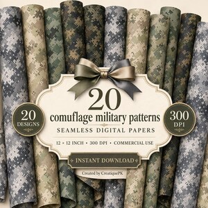 Puede incluir: Una colección de 20 papeles digitales sin costuras con patrones militares de camuflaje en varios tonos de verde, gris y marrón. La etiqueta central muestra el texto 20 camouflage military patterns, 20 designs, 300 DPI, 12 x 12 inch e instant download.