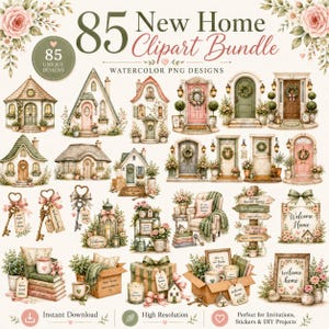 May include: A digital collection of 85 watercolour clipart designs featuring various houses, front doors, keys, signs, and home decor items. The set includes floral accents, gift boxes, and text elements like Welcome Home, all presented in a soft colour palette.