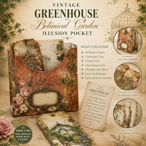 May include: A Vintage Greenhouse Botanical Garden illusion pocket kit featuring a decorative paper pocket, tags, label cards, journaling cards, and background papers with floral and architectural designs. Text includes VINTAGE GREENHOUSE Botanical Garden ILLUSION POCKET and a list of included items.