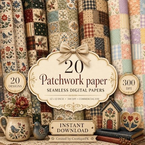 Może przedstawiać: Kolekcja dwudziestu cyfrowych wzorów papieru patchworkowego z motywami kwiatowymi, ptasimi i geometrycznymi. Obraz przedstawia rolki wzorzystego papieru, ceramiczny dzbanek z kwiatami, figurkę ptaka oraz małą ozdobę w kształcie domu.