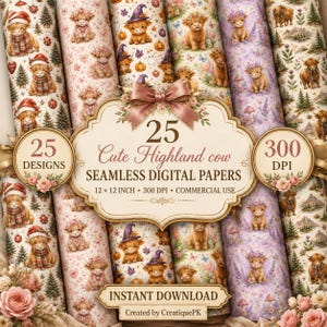 Puede incluir: Una colección de 25 papeles digitales sin costuras con ilustraciones de vacas Highland. Los diseños incluyen vacas con temas navideños, de Halloween y florales. La etiqueta central muestra el texto 25 Cute Highland cow SEAMLESS DIGITAL PAPERS 12 x 12 INCH 300 DPI COMMERCIAL USE INSTANT DOWNLOAD Created by CreatiquePK.