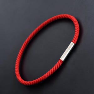 Può includere: Un braccialetto di corda rosso con chiusura argentata. Il braccialetto è realizzato in materiale di corda ritorta e strutturata. La chiusura ha un design rettangolare semplice. Lo sfondo è di colore grigio scuro.