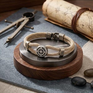 Puede incluir: Una pulsera de cuerda beige con un dije circular de brújula en tono latón antiguo en el centro. La pulsera está construida con dos hilos paralelos de cordón trenzado asegurados por tres acentos metálicos a juego y un cierre resistente.