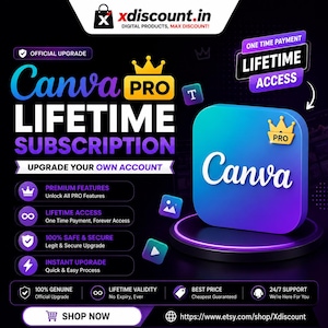 May include: Promotional graphic for a Canva Pro lifetime subscription. The design features the Canva logo, a gold crown, and the text "LIFETIME SUBSCRIPTION." The background is dark with purple and blue accents.