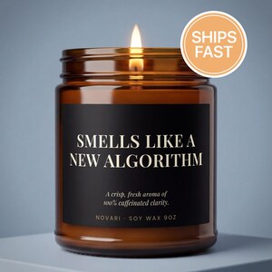 May include: A lit soy wax candle in an amber glass jar with a black label. The label reads: SMELLS LIKE A NEW ALGORITHM, A crisp, fresh aroma of 100% caffeinated clarity, NOVARI, SOY WAX 9OZ. The candle has a single burning wick with a visible flame.