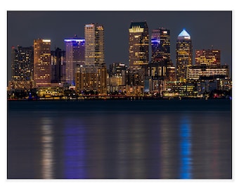 Tampa Bay Wall Art: Downtown Skyline at Night - Long Exposure