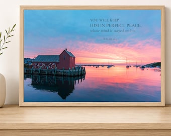 Motif Number 1 Art Print: Sunrise Harbor Scene with Bible Verse