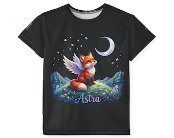 Camiseta infantil Astra Winged Fox Astral Journey | Lua Crescente e Estrelas
