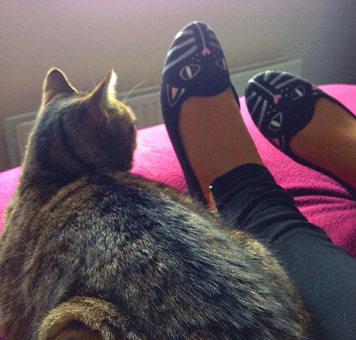 Black Cat Shoes Cat Pumps Cat Gift Velver Cat Flats Etsy
