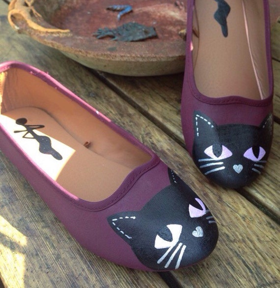Cat Shoes Cat Pumps Cat Gift Black Cat Flats Maroon Etsy