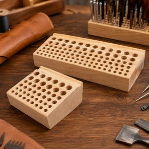 Wooden Leather Tool Holder with 98 Holes | Craft Room Workbench Organizer for Stamps and Punches | Gift for Leather Crafters